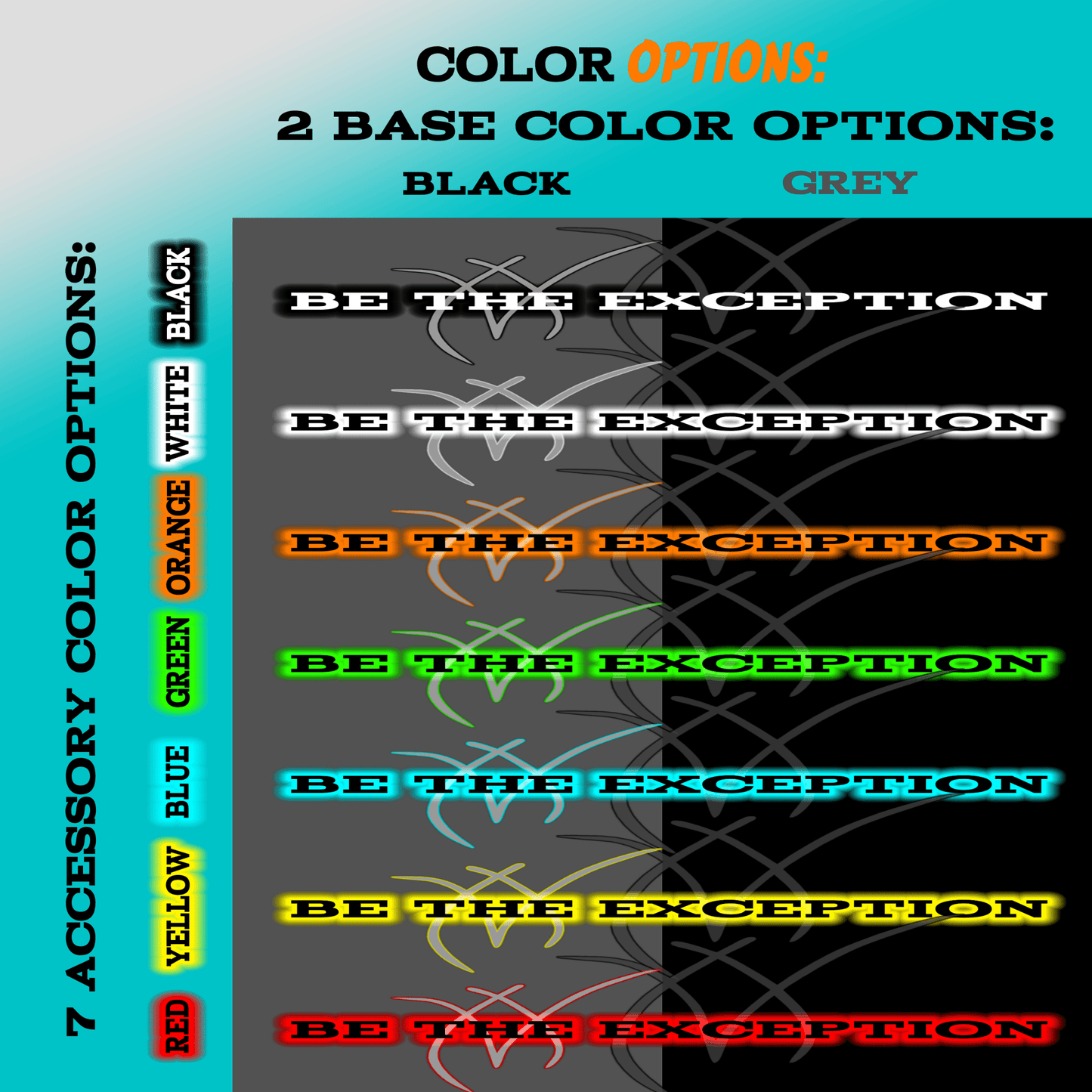 Our color chart for our Be The Exception Sleeve - Minimal Gym Shirt. The perfect athletic shirt for gym or any sport activity as it is designed to be breathable and to keep you cool during exercise.