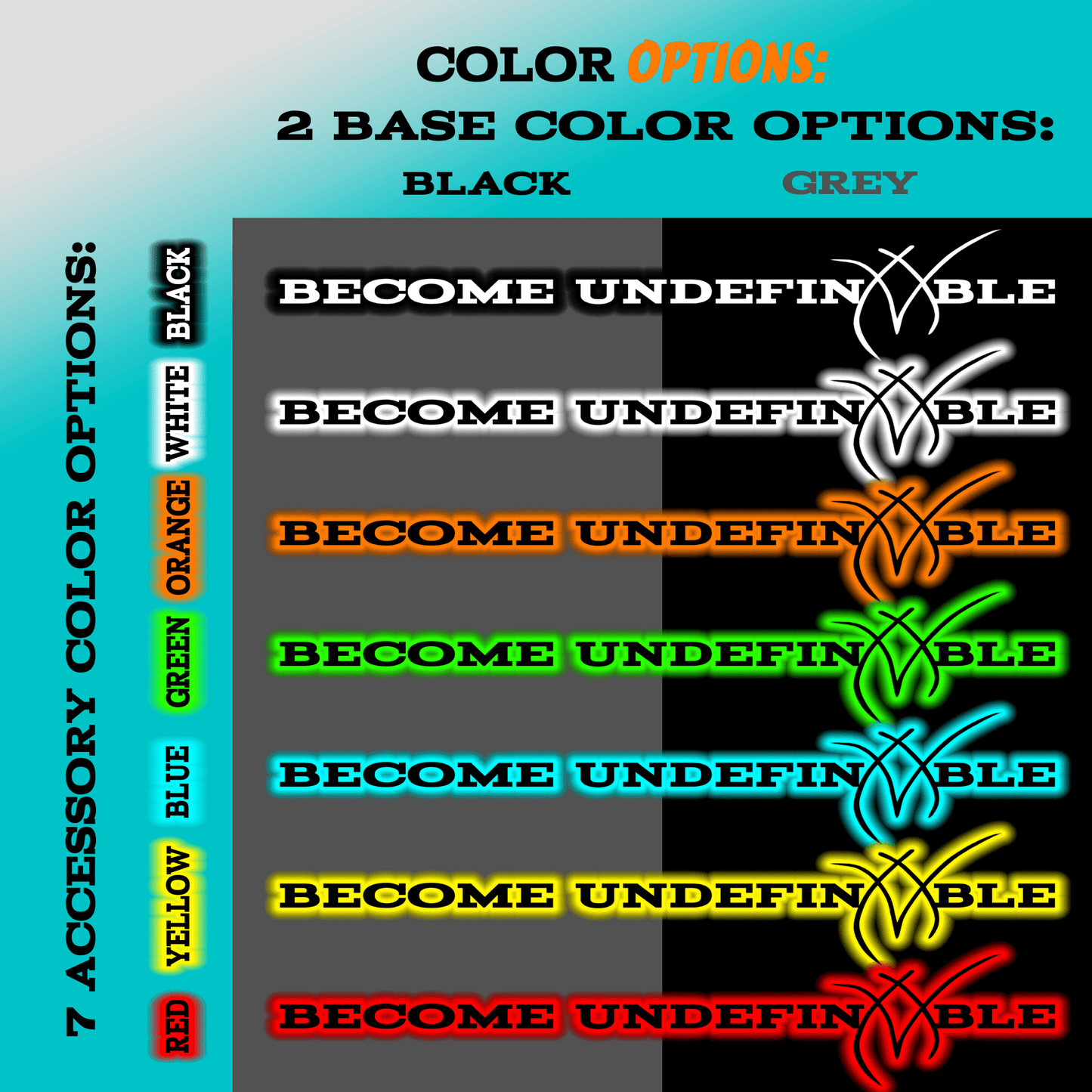 Our color chart for our Become Undefinable Sleeve - Gym Shirt. The perfect athletic shirt for gym or any sport activity as it is designed to be breathable and to keep you cool during exercise.