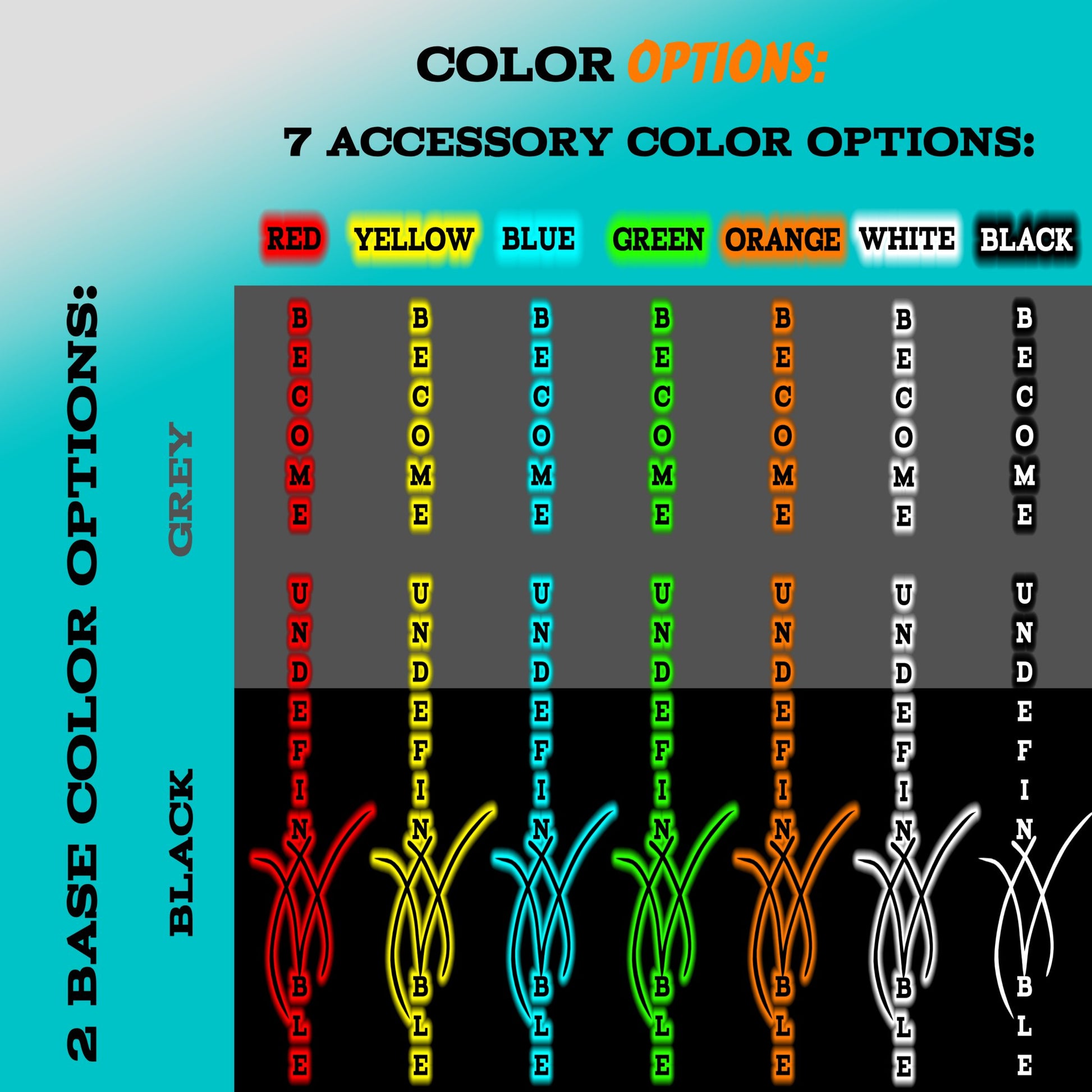 Our color chart for our Become Undefinable Torso - Gym Shirt. The perfect athletic shirt for gym or any sport activity as it is designed to be breathable and to keep you cool during exercise.